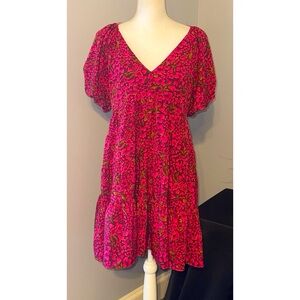 VICI Floral Mini Dress Pink Brown Boho Tiered V-Neck Medium